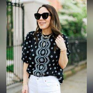 LOFT Black and White Embroidered Patterned Blouse size S